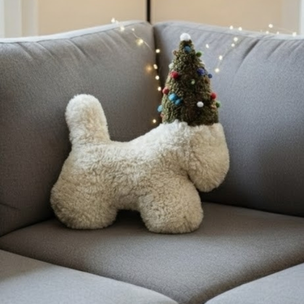 NEW Pottery Barn Dog with Christmas Tree Hat Shaped Pillow